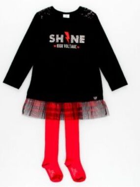 Kids Black 'Shine' Dress with Red Tights
